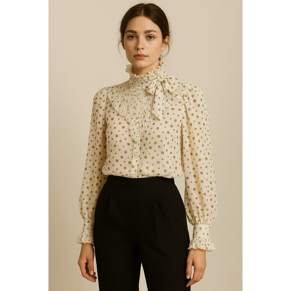 Vintage Ted Lapidus Paris Haute Couture Polka Dot Sheer Ruffle Pleated Blouse 36